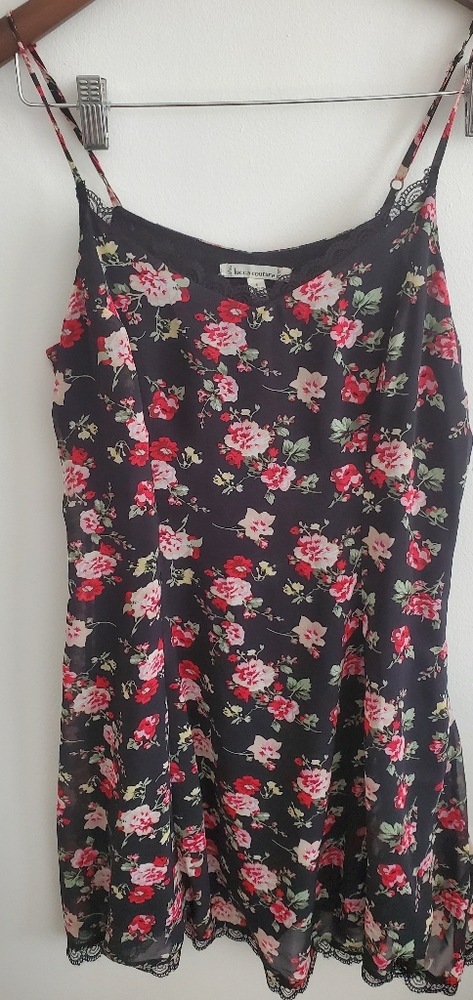 Lucca coture black floral lace trim mini dress size small bohemian lightweight